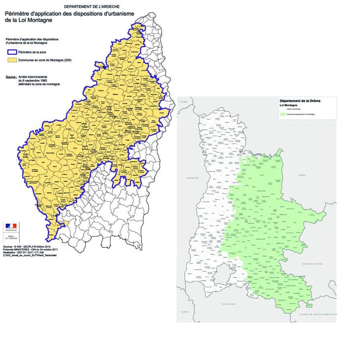 Départements concernés par la loi montagne en Drôme et en Ardèche