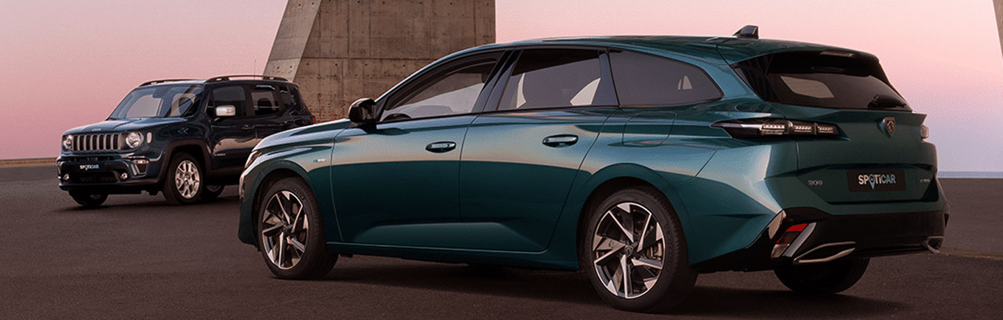 photo de 2 véhicules Peugeot 308 SW  et Jeep Renegade avec les chaches plaques du label Spoticar disponible chez Citroën Valence
